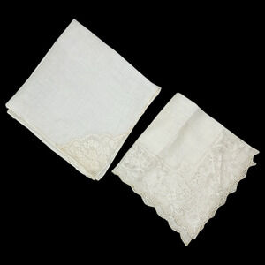 Vintage Lace Handkerchief Lot of 2 Wedding Floral Scalloped Border Knots READ
